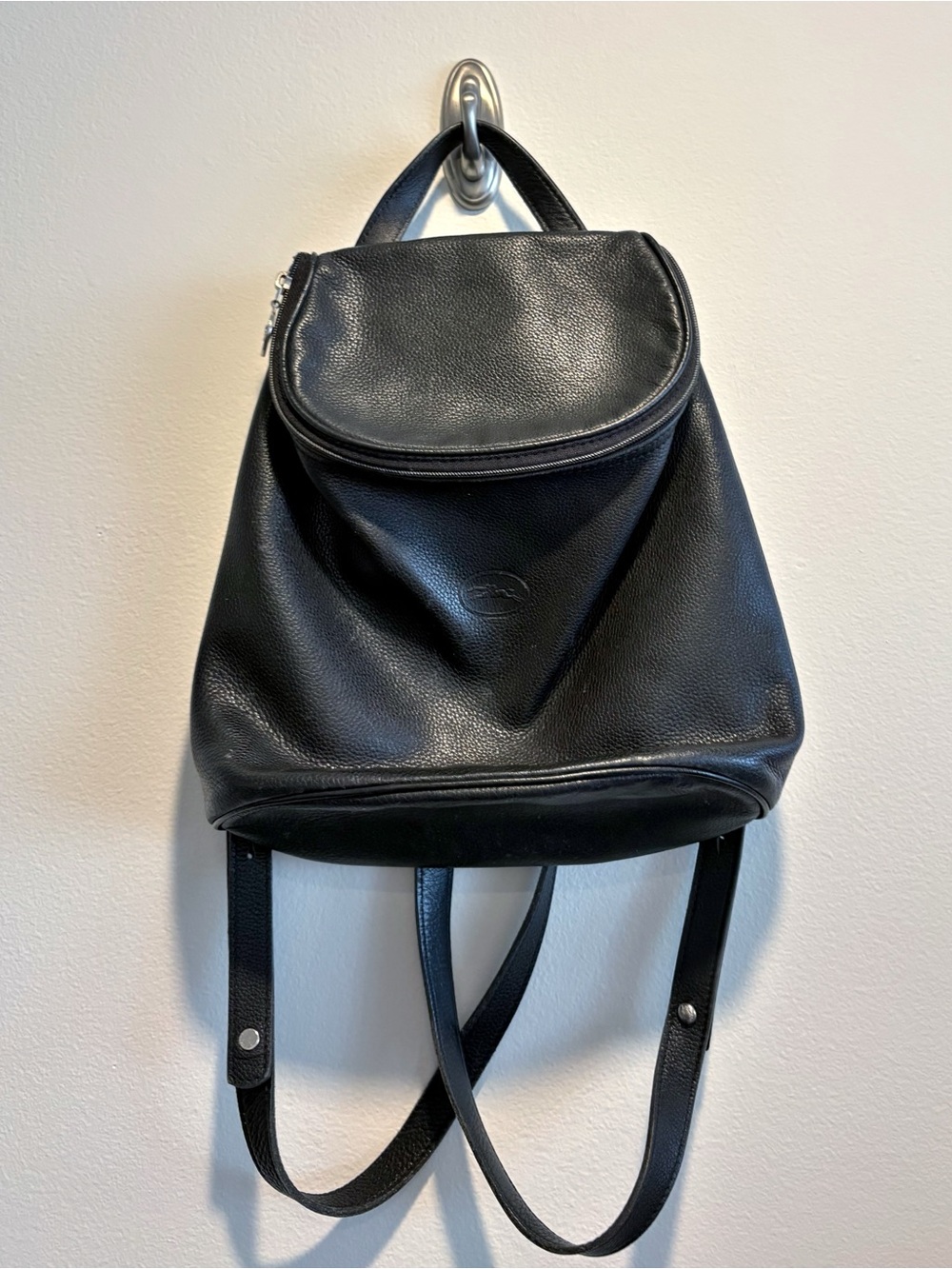 Longchamp || Vintage Black Leather Backpack Embossed Purse Silver Tone Hardware